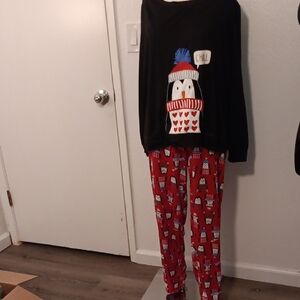 Penguin Print Womens Preloved Pajamas - Black and Red Very Good Condition.